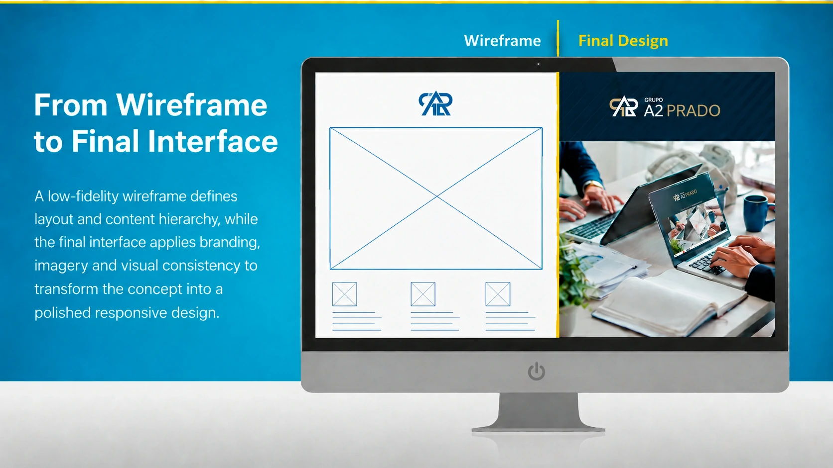 A2 Prado low-fidelity wireframe compared with the final branded interface
