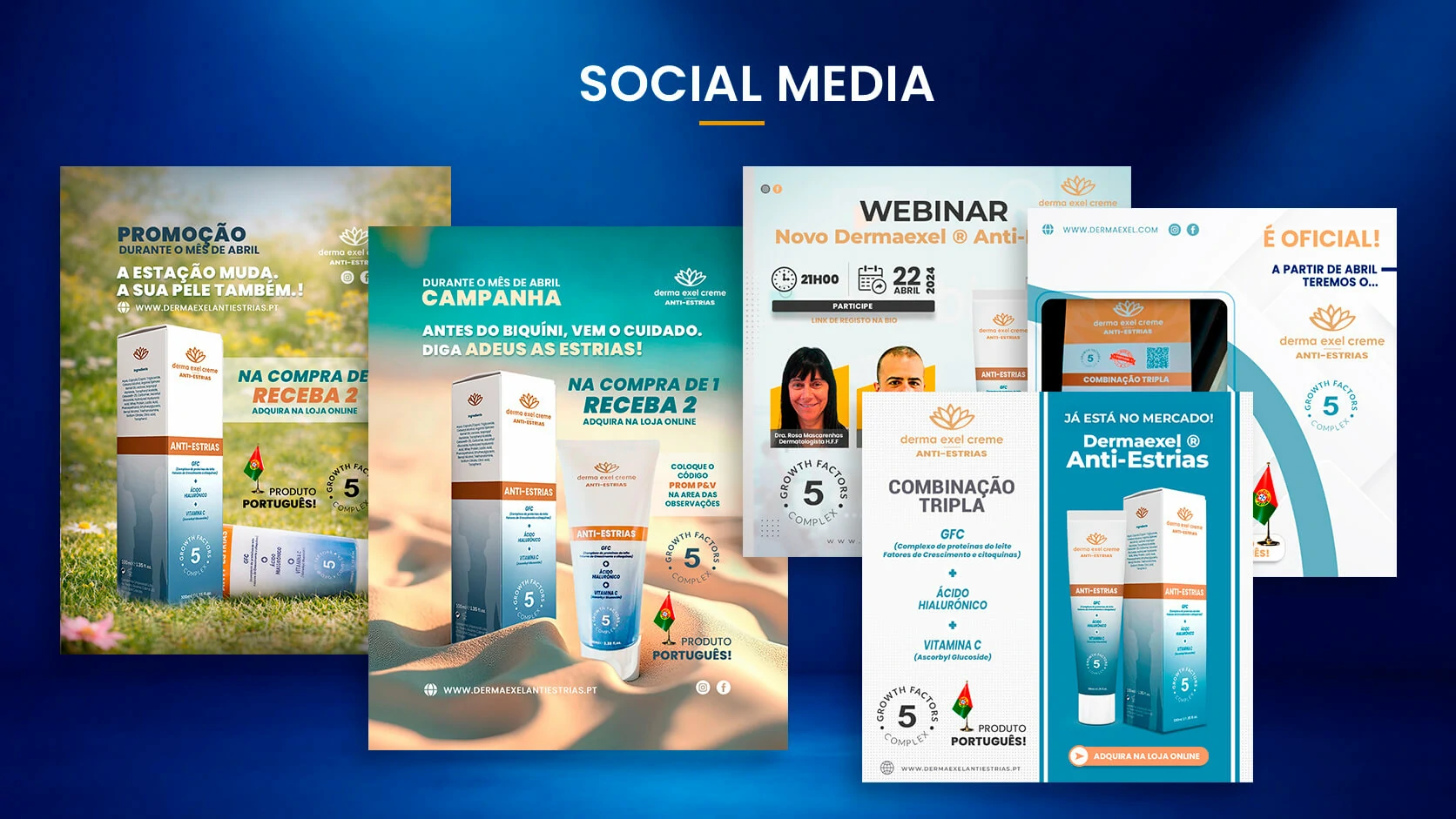 Dermaexel Anti-Stretch Marks social media campaigns including promotions, webinar communication and launch materials