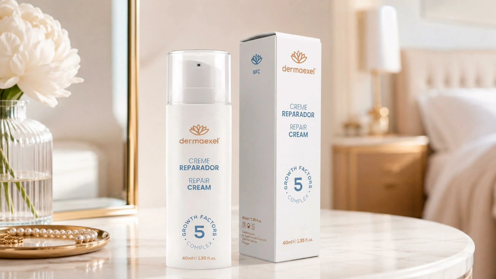 Dermaexel Repair Cream packaging presented on a marble table in a lifestyle environment