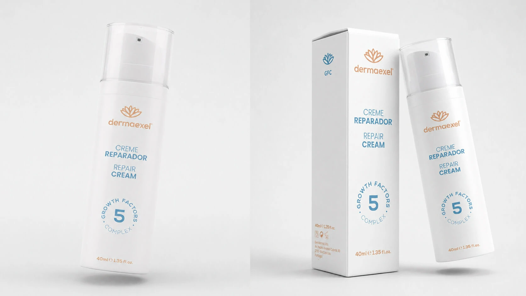 Dermaexel bottle and box high-fidelity mockups on a clean background
