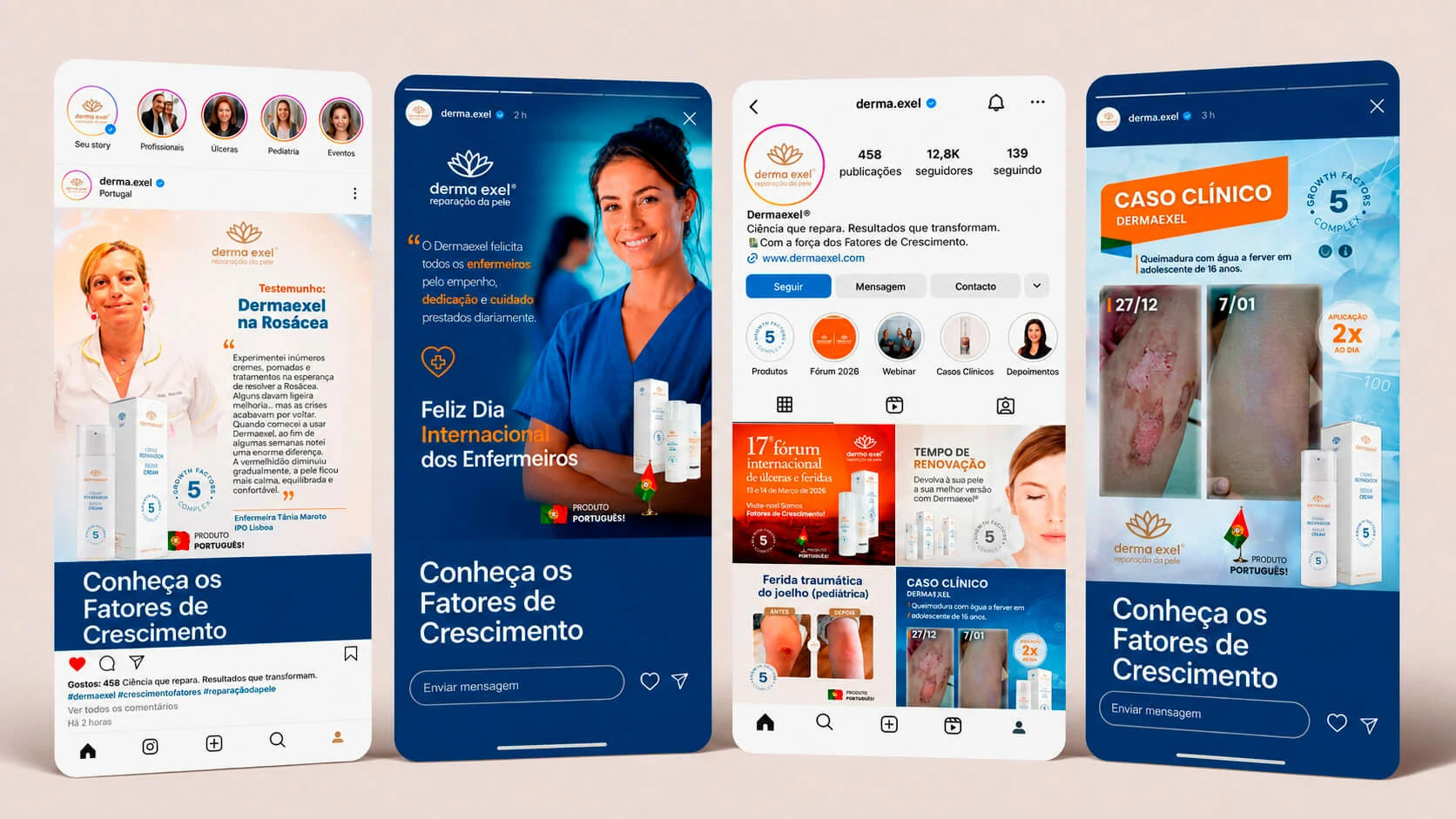 Dermaexel Instagram content boards showing profile, posts and story formats