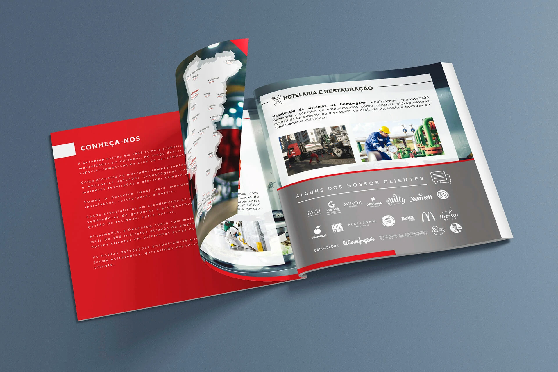 Desentop brochure open spread presenting company information, service imagery and client references