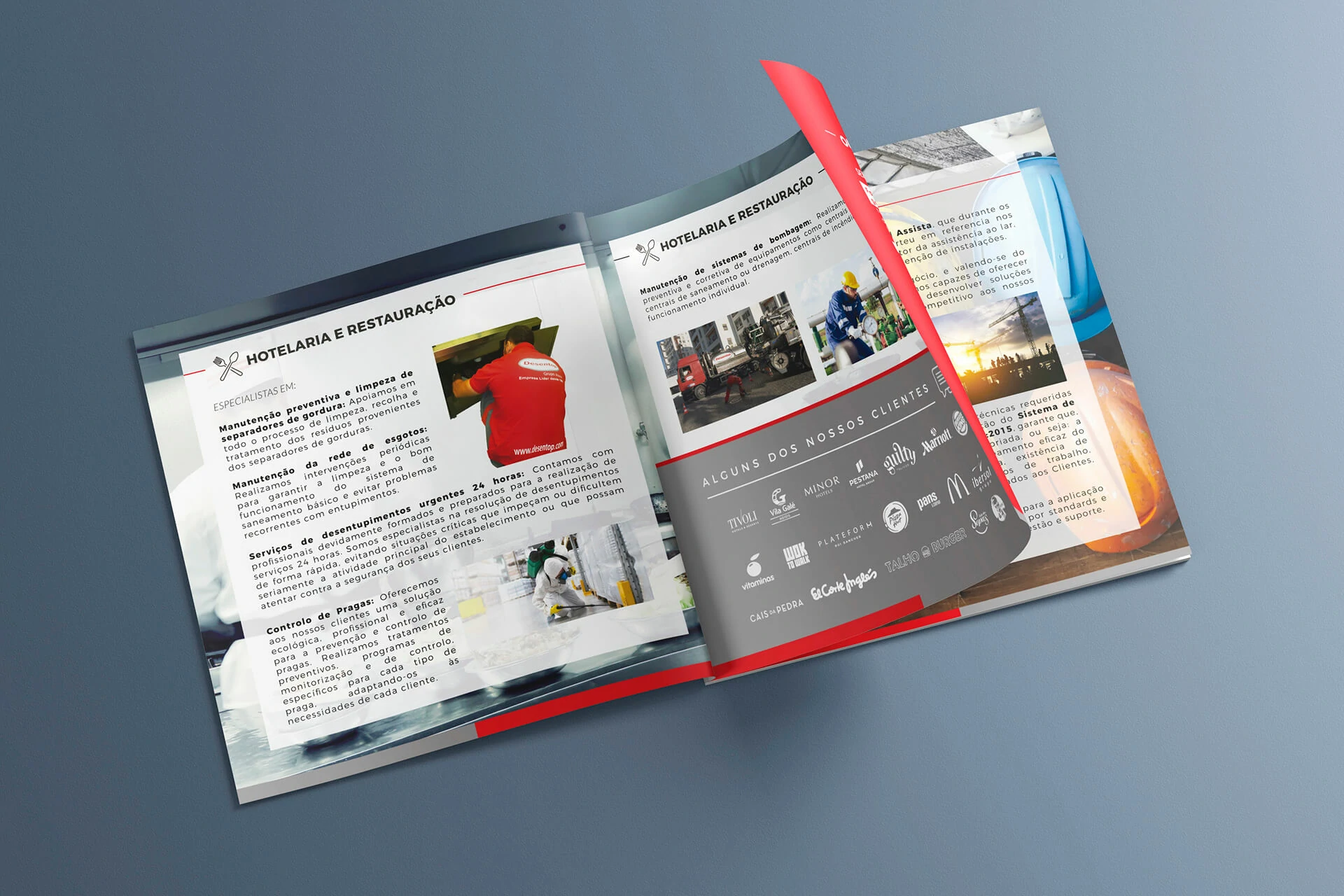 Desentop brochure spread explaining hospitality, drainage, pumping and technical sanitation services