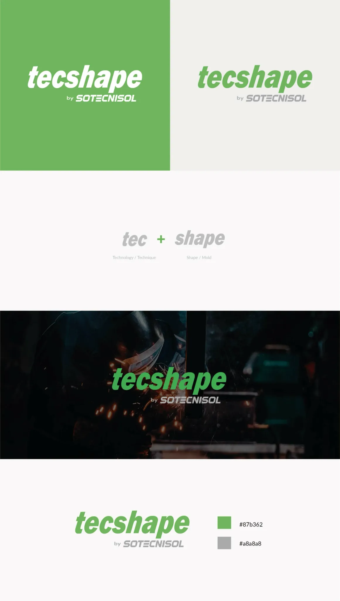 Tecshape mini brand guideline showing logo variants, name concept, photographic application and colour palette