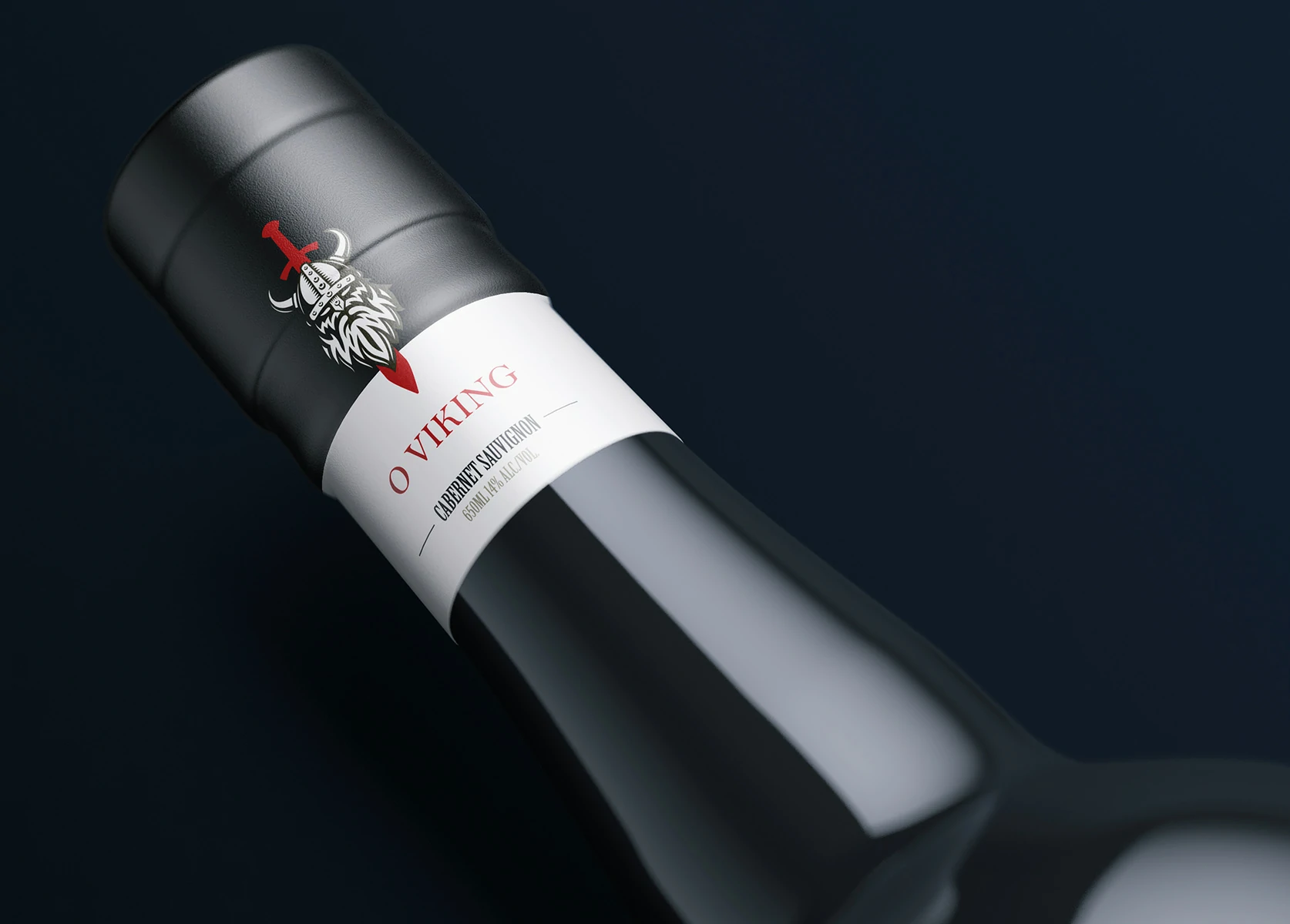 O Viking dark wine bottle mockup showing the neck emblem and main label